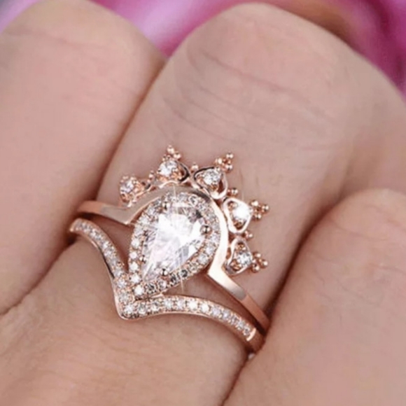 HPπ2pc Rose Gold Pink Sapphire Diamond Pear Ring - Picture 2 of 5